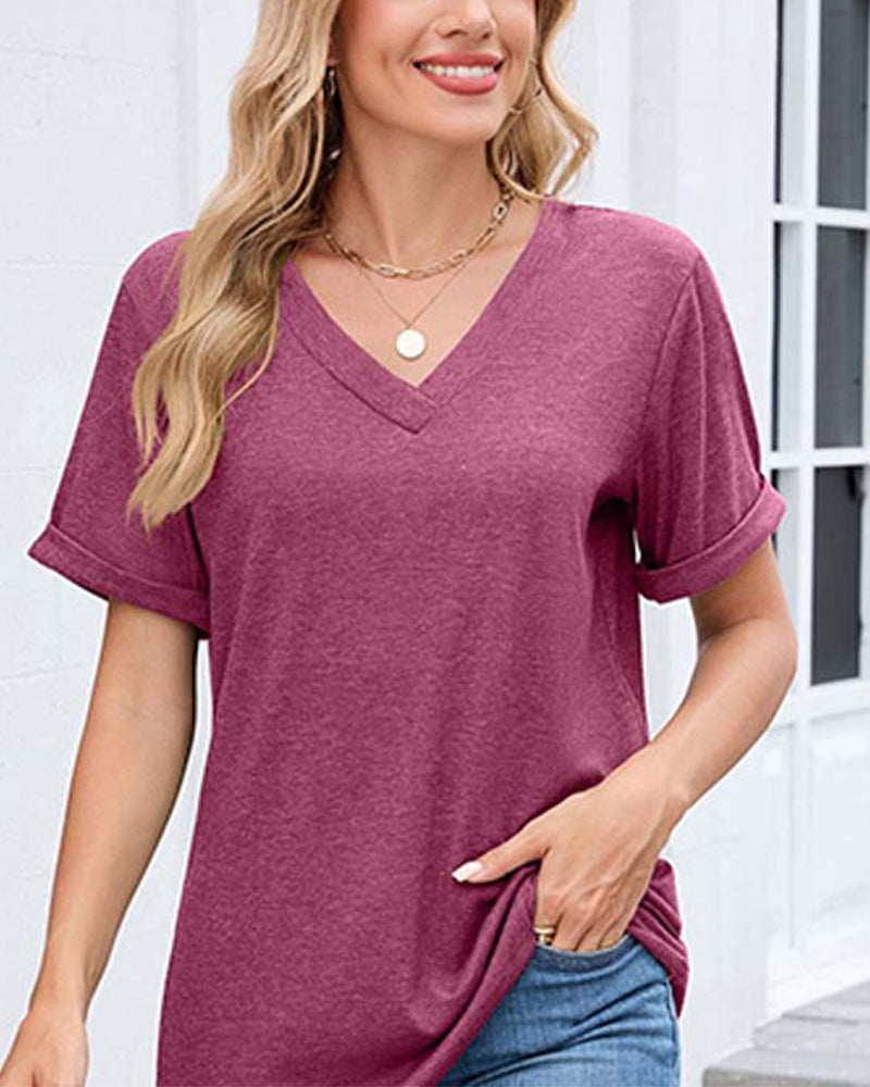 T-shirt a tinta unita con scollo a V casual a maniche corte