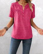 Camicetta jacquard con scollo a V, mezza abbottonatura e maniche corte