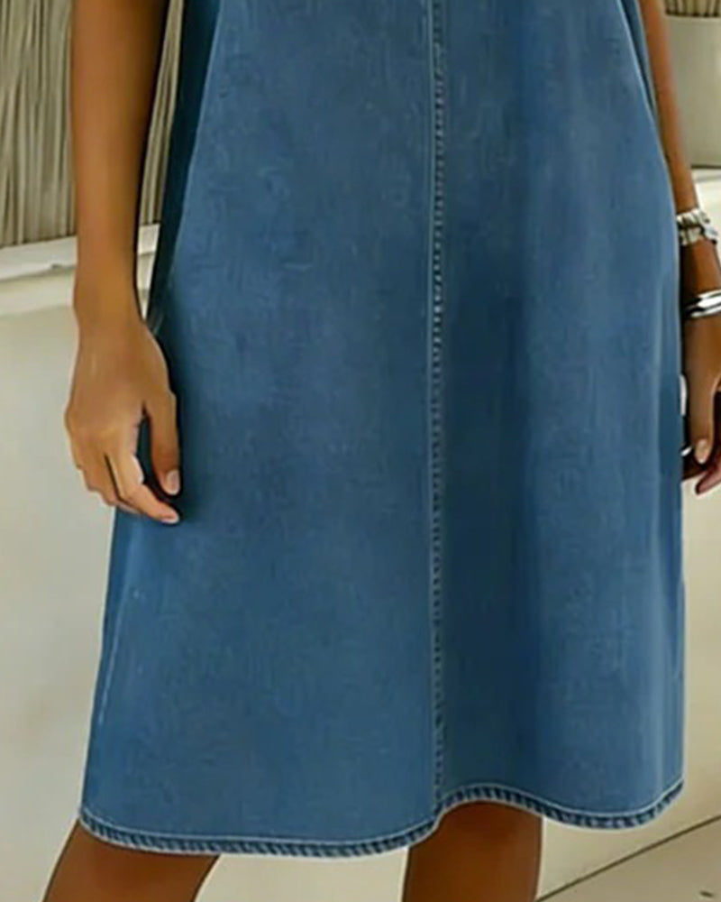 Abito Casual Scollo a V Manica Corta in Denim