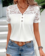 Blusa Scollo a V Tinta Unita Pizzo Cuciture