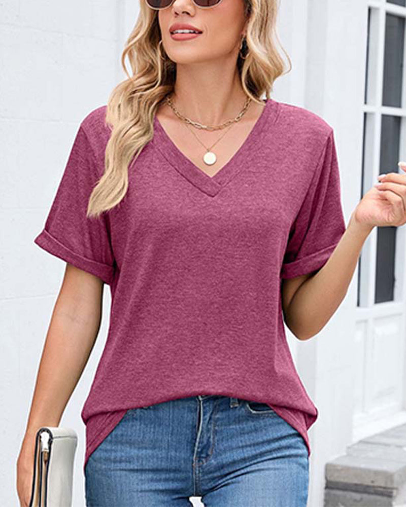 T-shirt a tinta unita con scollo a V casual a maniche corte