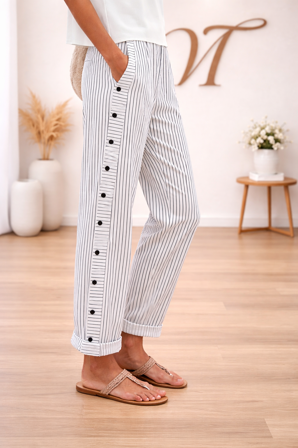 Pantaloni di lino a righe con tasche – freschi, comodi ed eleganti