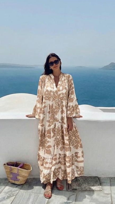 Bianca | Abito lungo boho con stampa barocca e maniche a campana