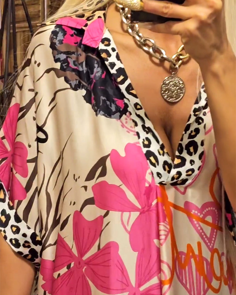 Abito casual con scollo a V profondo leopardato e colorato