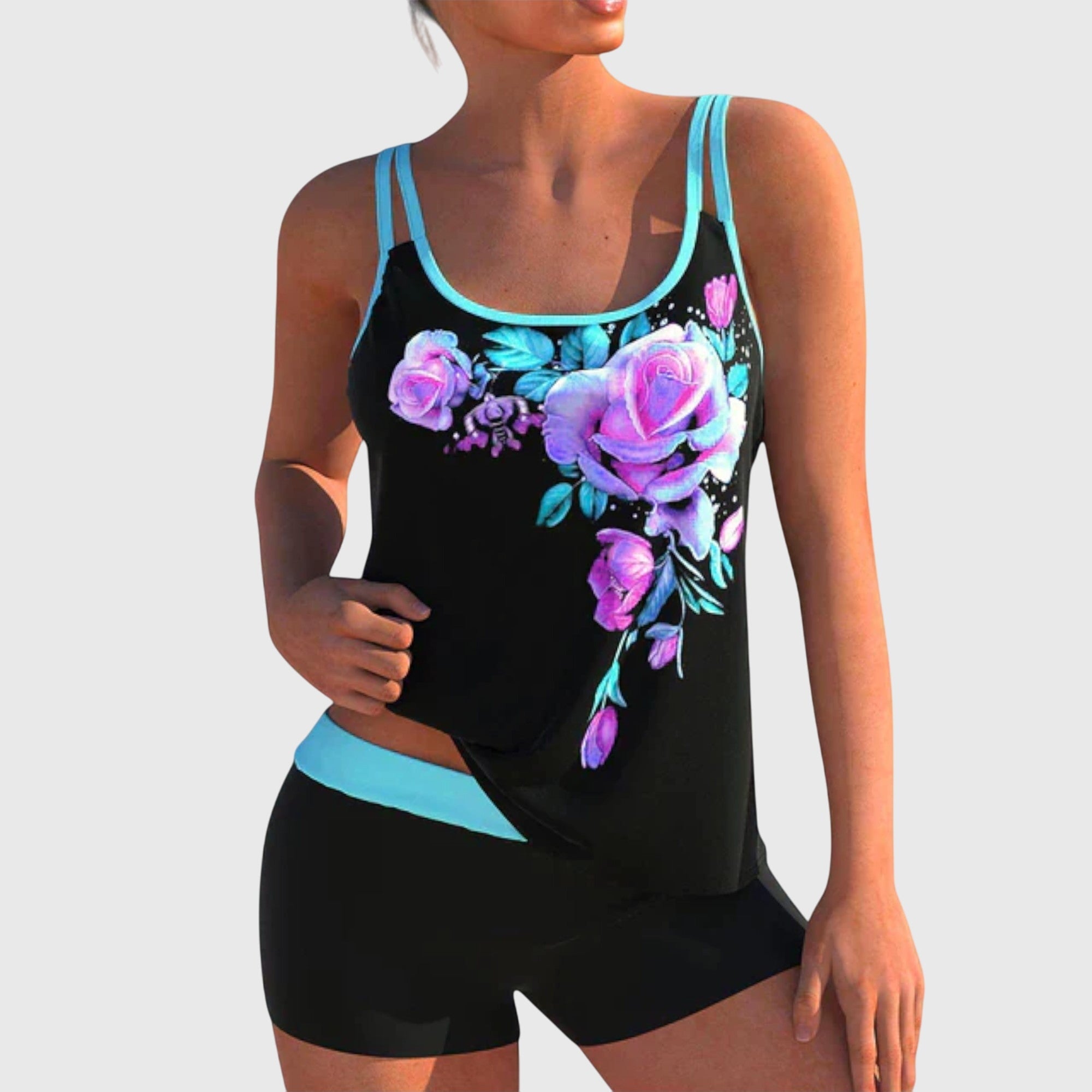 Flor – Tankini floreale con pantaloncini, effetto pancia piatta