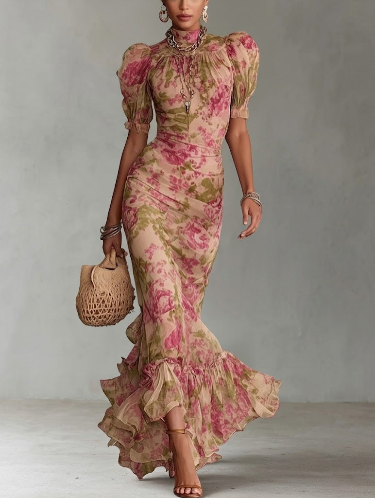 Fiora - Abito lungo con stampa vintage a rose e maniche a sbuffo
