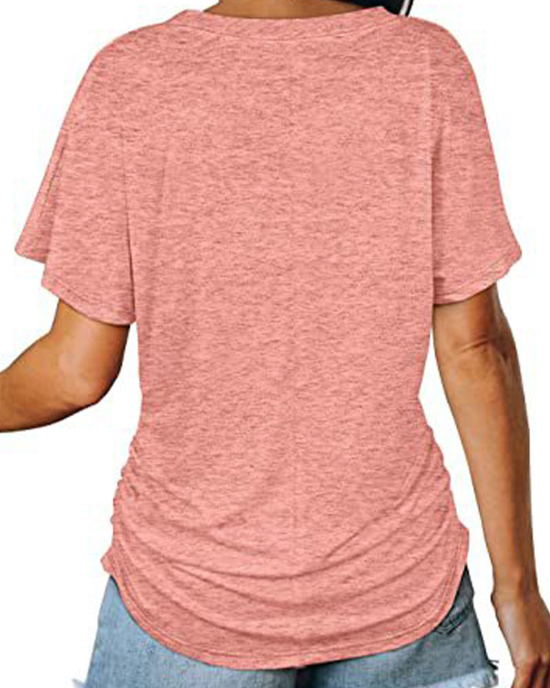 T-shirt Plissé Monocromatico con Scollo a V