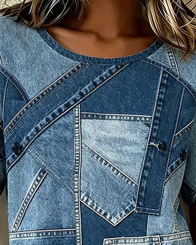 T-shirt Jeans Patchwork Stampa Designer