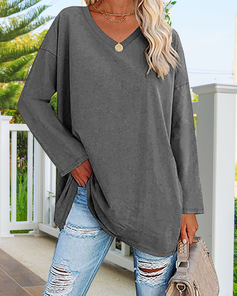 T-shirt donna tinta unita scollo a V maniche lunghe