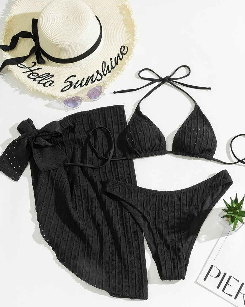 Costume da bagno sexy a tre pezzi in tinta unita