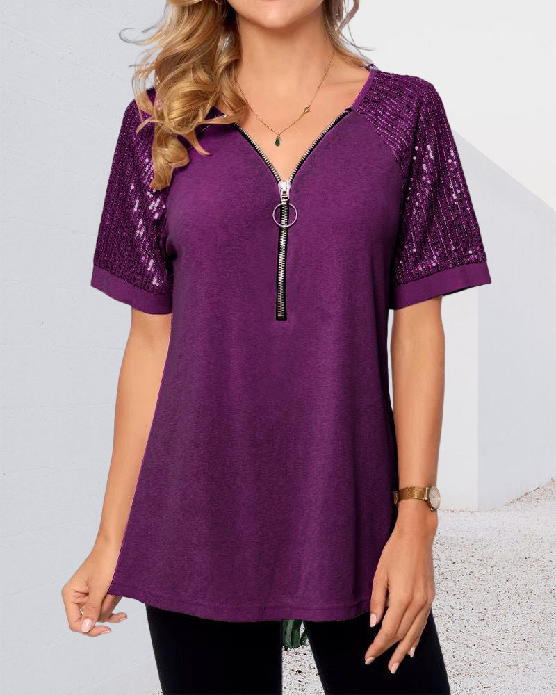 T-shirt con paillettes e maniche corte