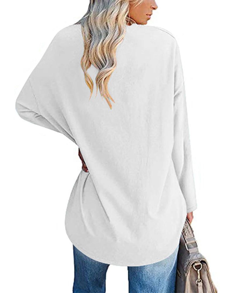 T-shirt donna tinta unita scollo a V maniche lunghe