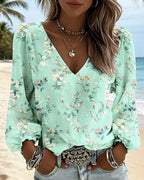 Blusa Floreale Scollo a V Maniche a sbuffo
