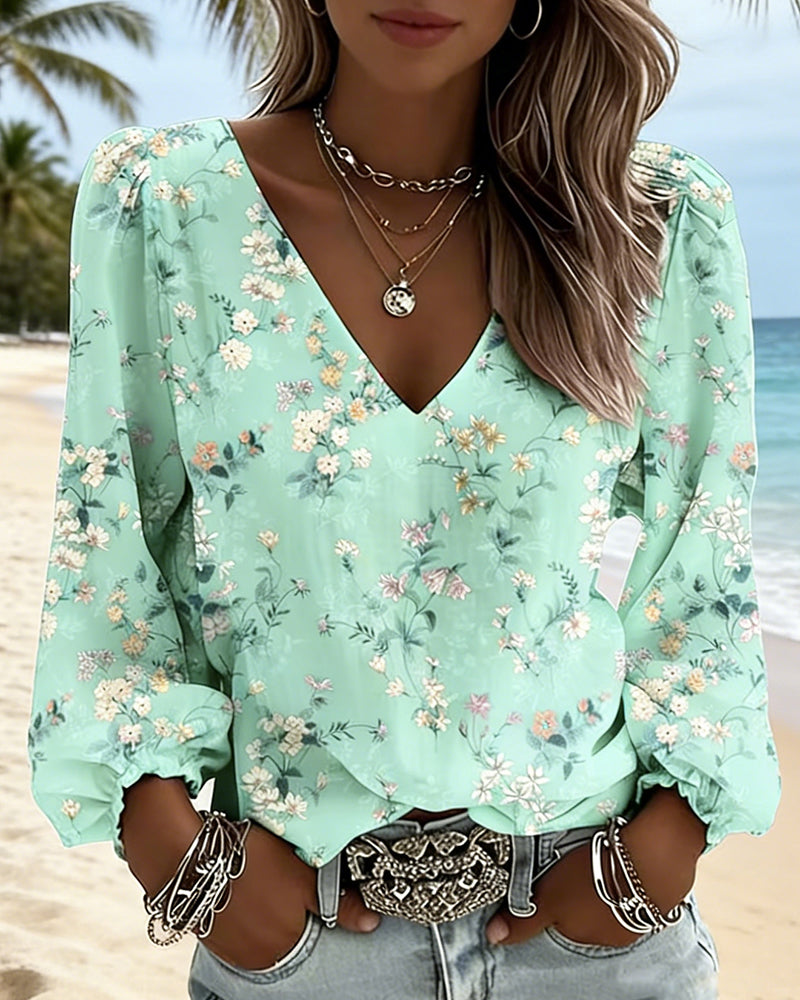 Blusa Floreale Scollo a V Maniche a sbuffo