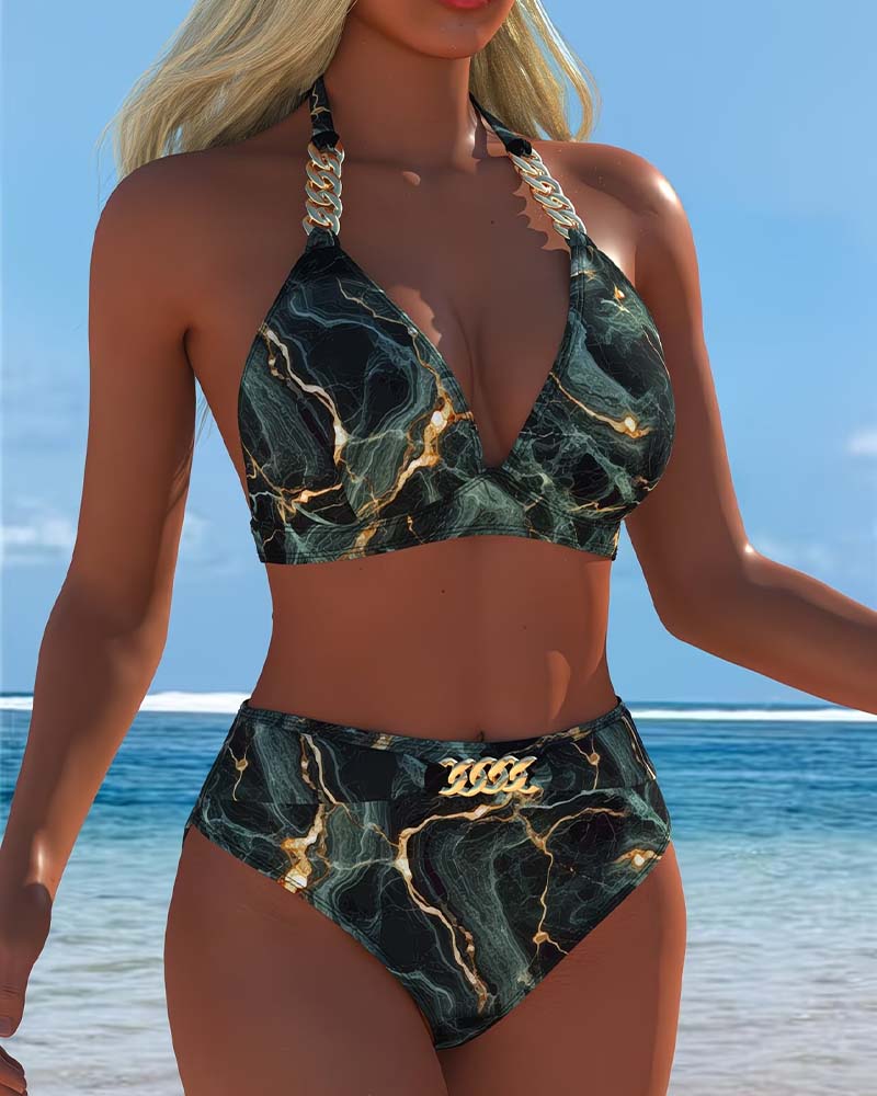 Bikini a vita alta con stampa a catena