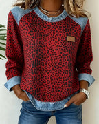 Felpa stampata leopardata con patchwork in denim