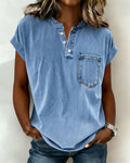 Top in denim lavato Henley a maniche corte
