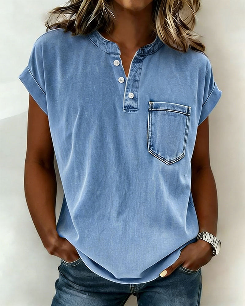 Top in denim lavato Henley a maniche corte