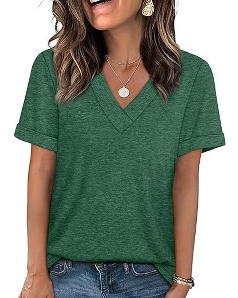 T-shirt a tinta unita con scollo a V casual a maniche corte