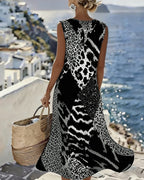 Vestito lungo senza maniche con stampa leopardata patchwork