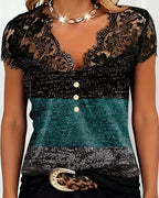T-Shirt Scollo a V in Pizzo Patchwork a Contrasto di Colore