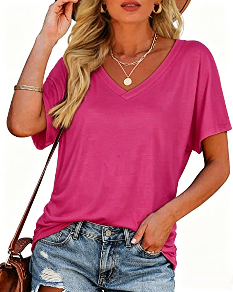 T-shirt Plissé Monocromatico con Scollo a V