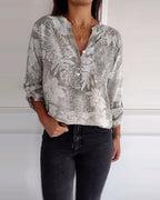 Top stampato foglie con paillettes patchwork
