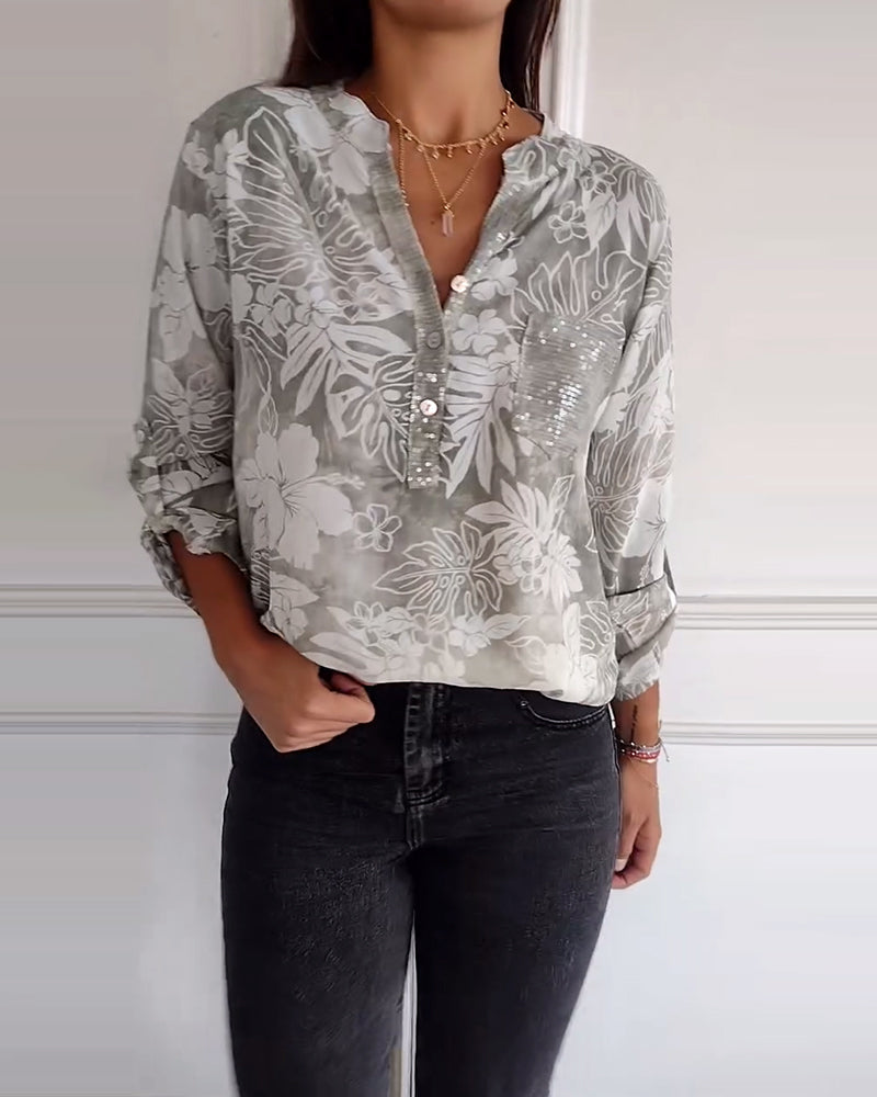 Top stampato foglie con paillettes patchwork