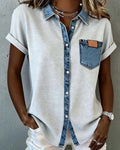 T-Shirt Denim Patchwork con Risvolto
