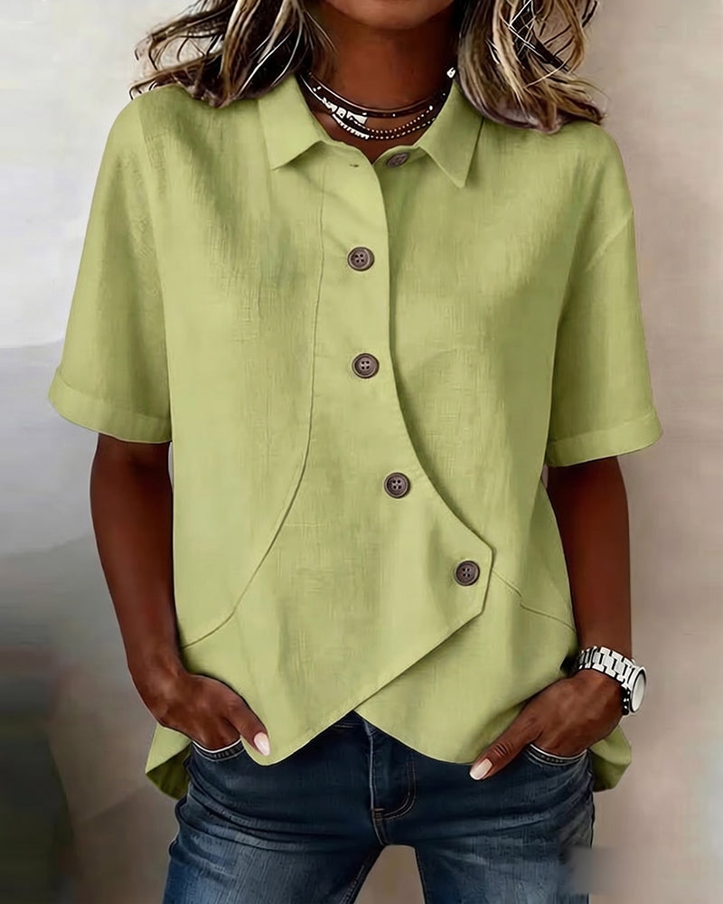 Camicia con Patta in Cotone-lino Asimmetrica abbottonata