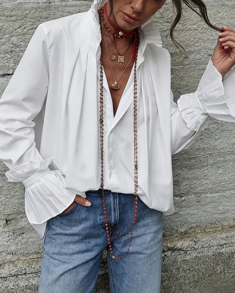 Camicia plissettata con collo alla coreana, design di moda