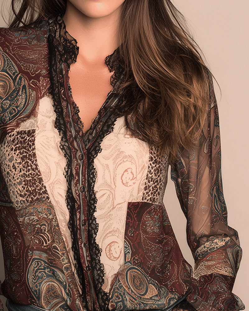Camicia stampata retrò patchwork a maniche lunghe