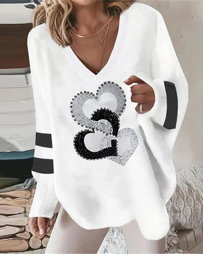 Top casual a maniche lunghe con stampa a cuore