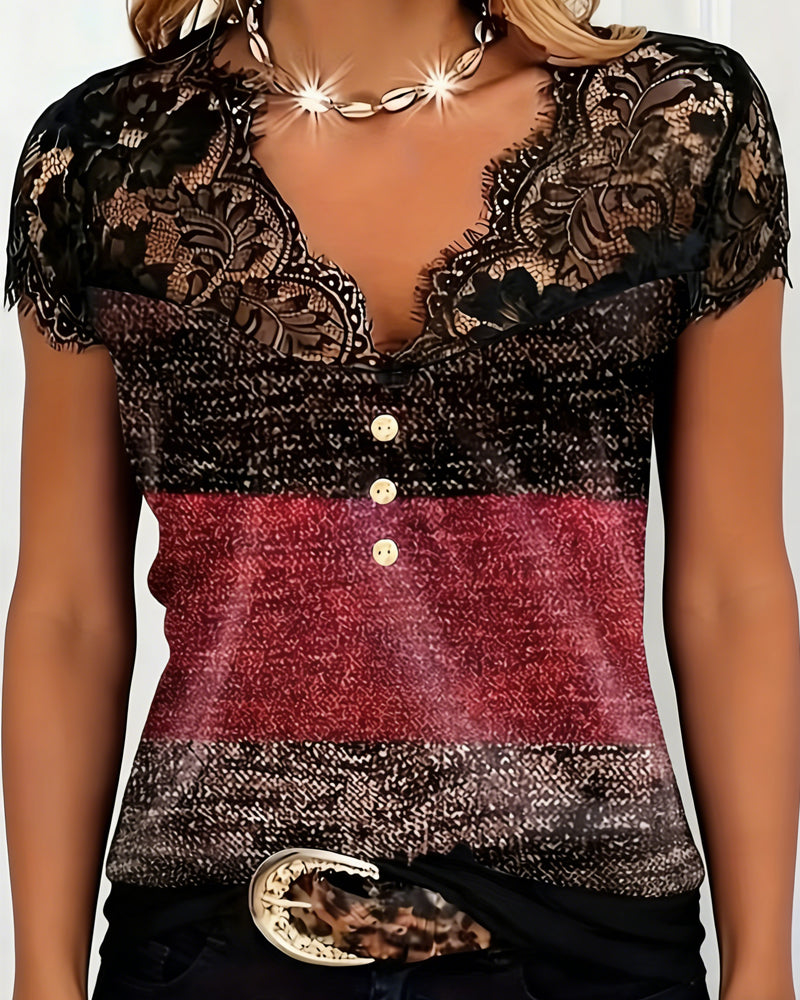 T-Shirt Scollo a V in Pizzo Patchwork a Contrasto di Colore