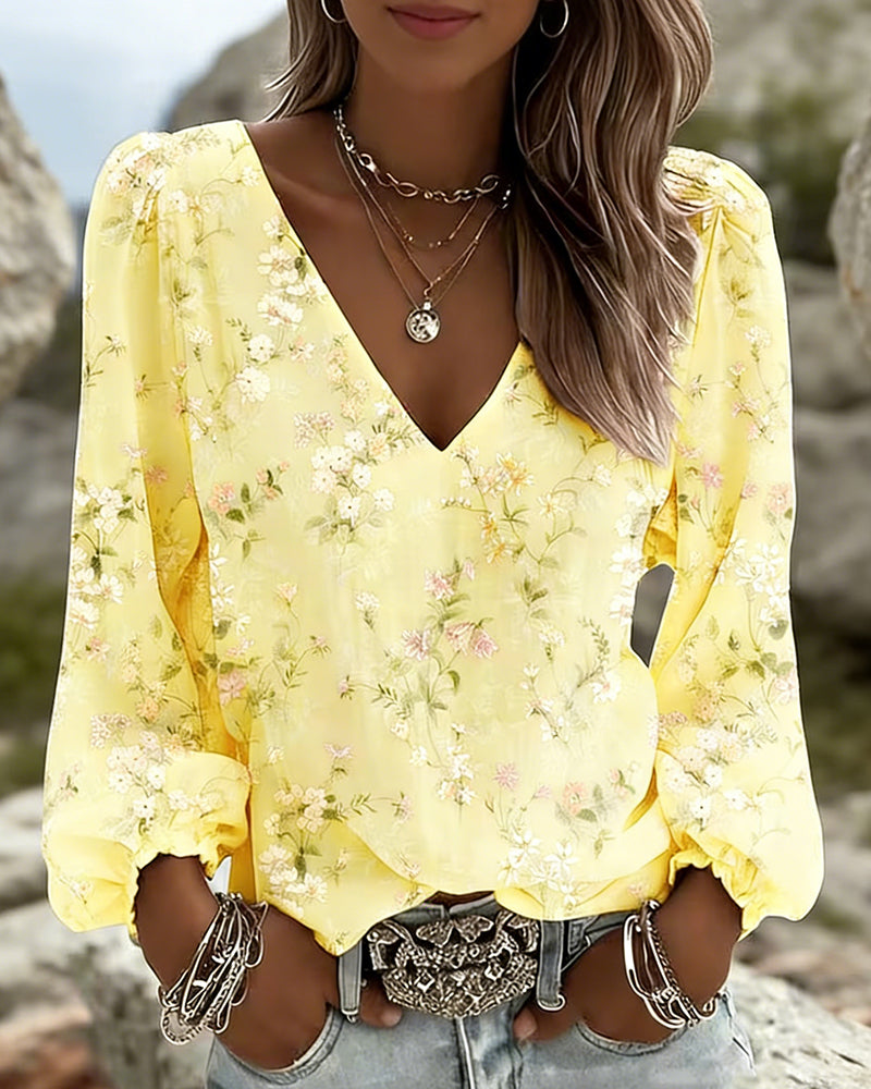 Blusa Floreale Scollo a V Maniche a sbuffo