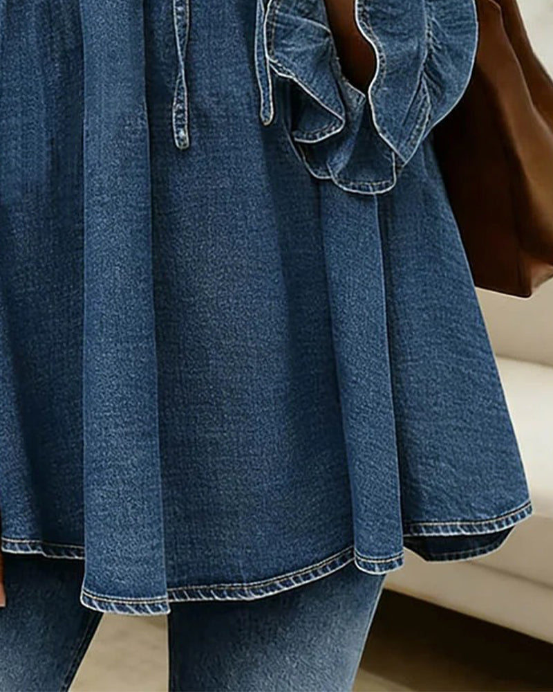 Camicetta Con Fiocco E Volant In Denim Con Scollo Rotondo