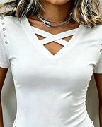 T-shirt slim con scollo a incrocio e intagli