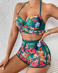 Costume da bagno casual a tre pezzi con pantaloncini a stampa floreale