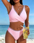 Bikini a Contrasto Colore con Scollo a V e Spacco