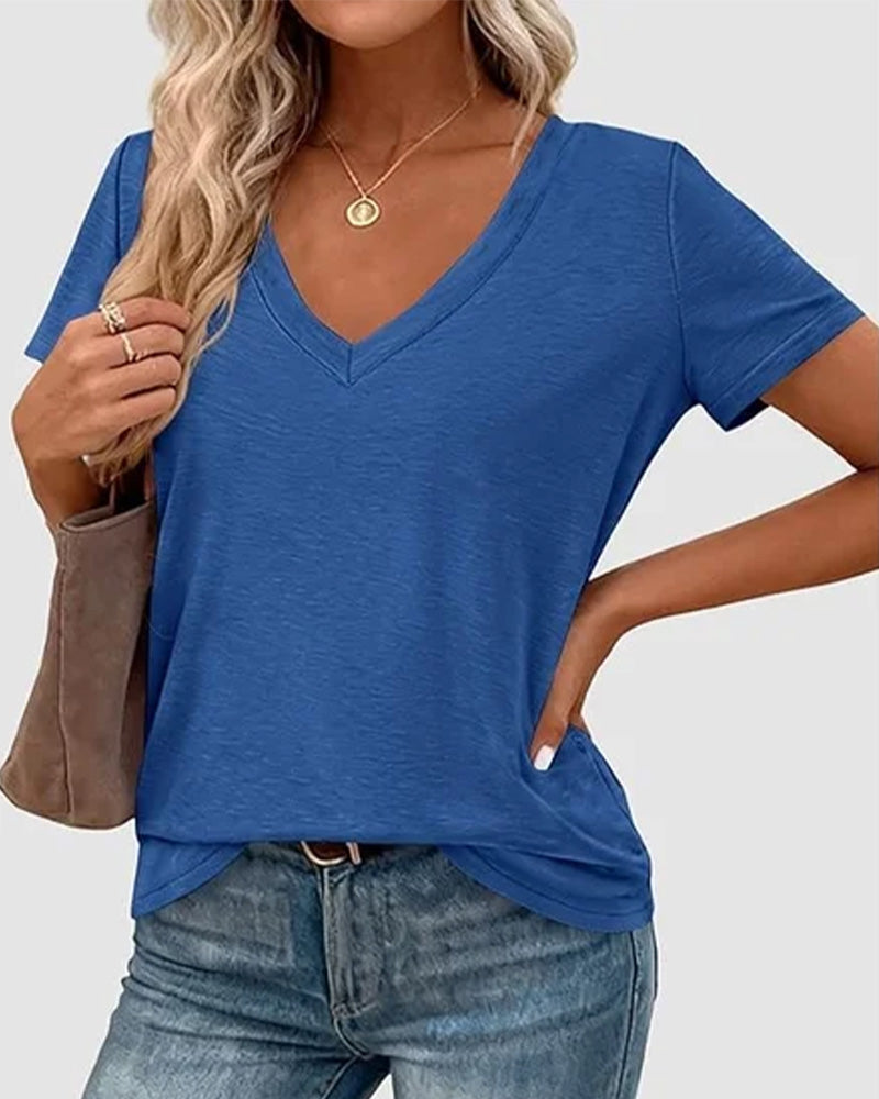 T-shirt pullover scollo a V a tinta unita