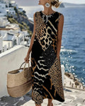 Vestito lungo senza maniche con stampa leopardata patchwork