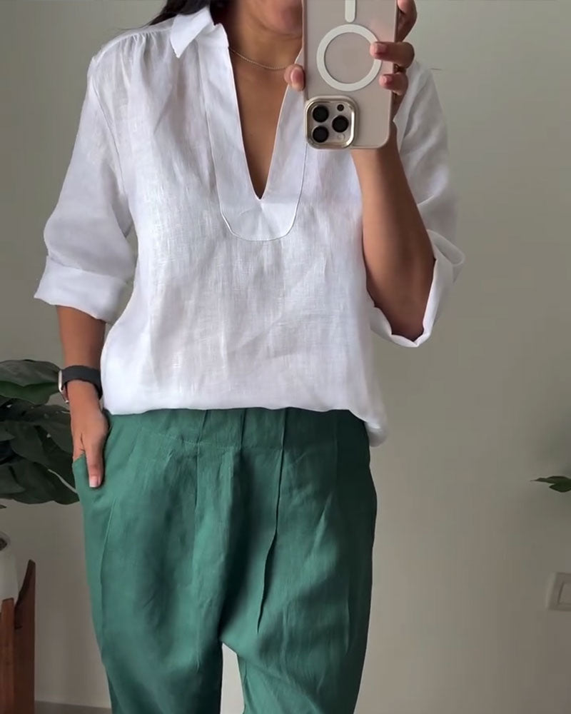 Camicetta in cotone e lino con collo