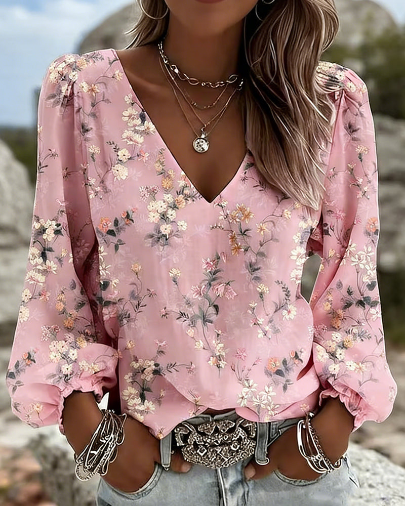 Blusa Floreale Scollo a V Maniche a sbuffo