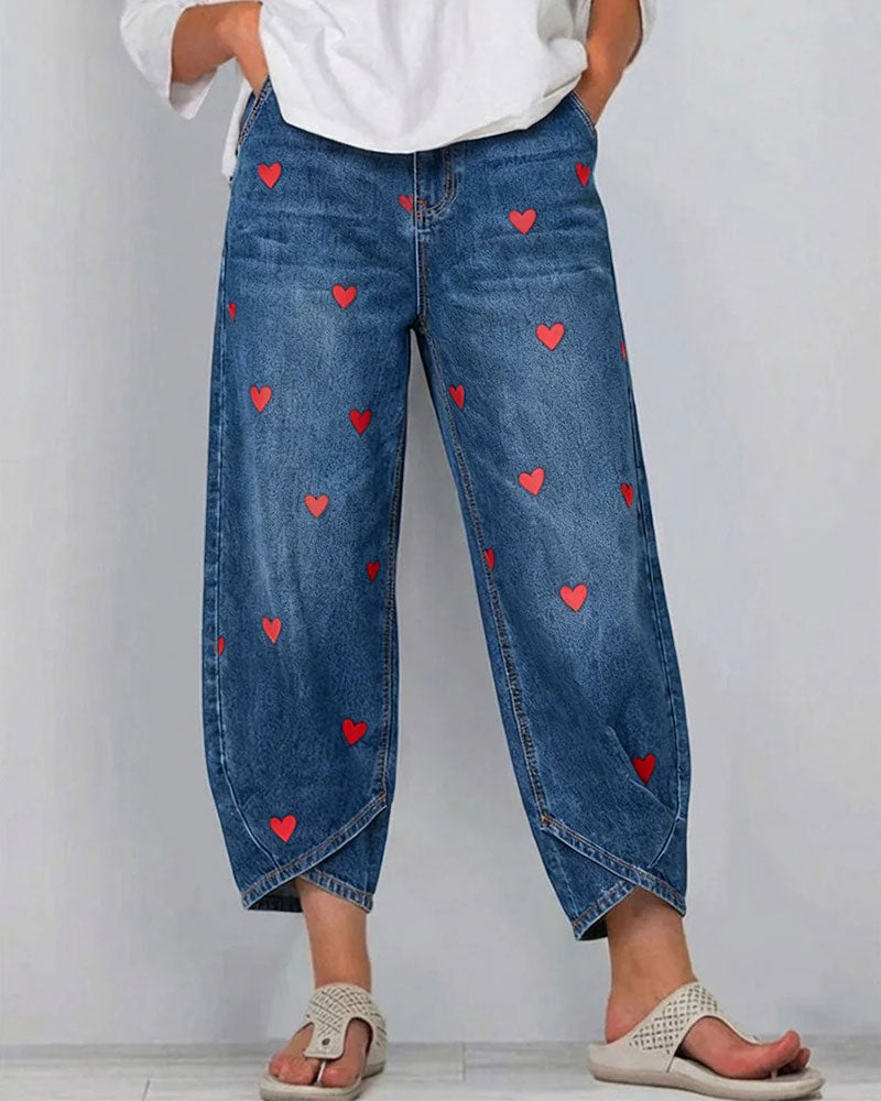 Pantaloni Caviglia Denim con Stampa Cuore