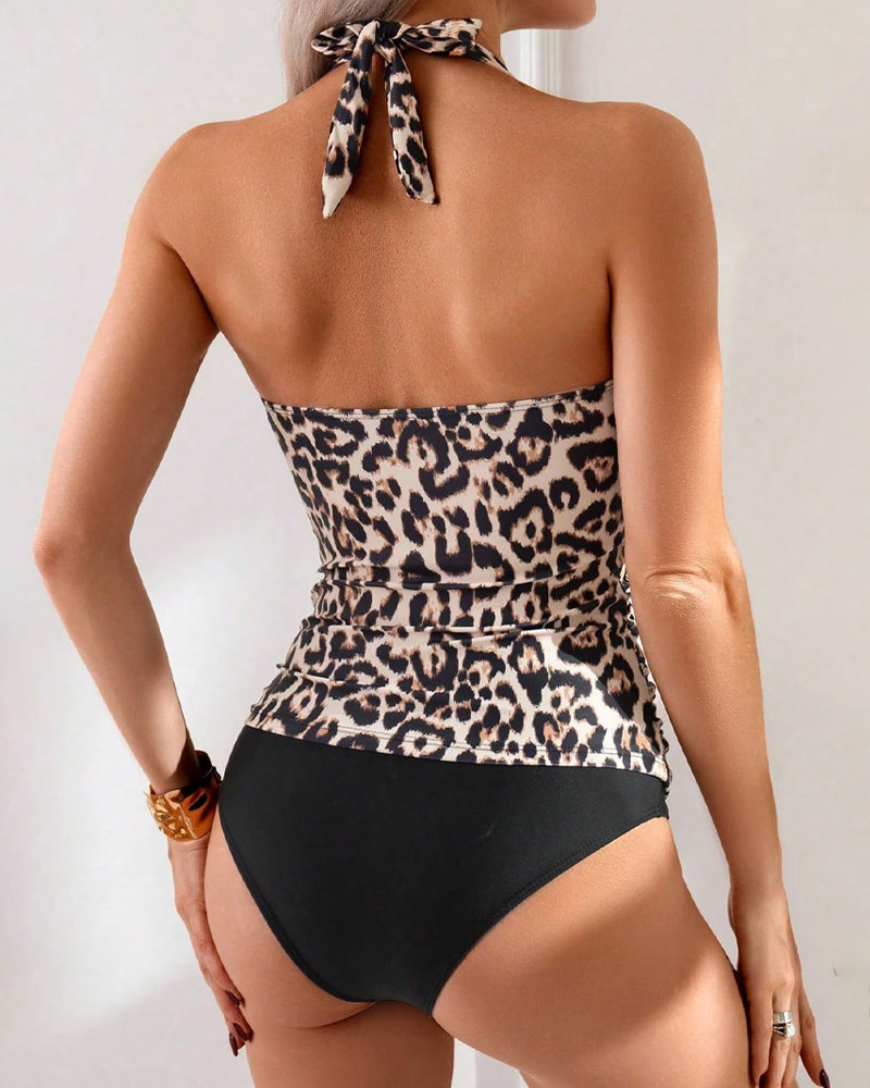 Costume da bagno a triangolo due pezzi con stampa leopardata e spalline