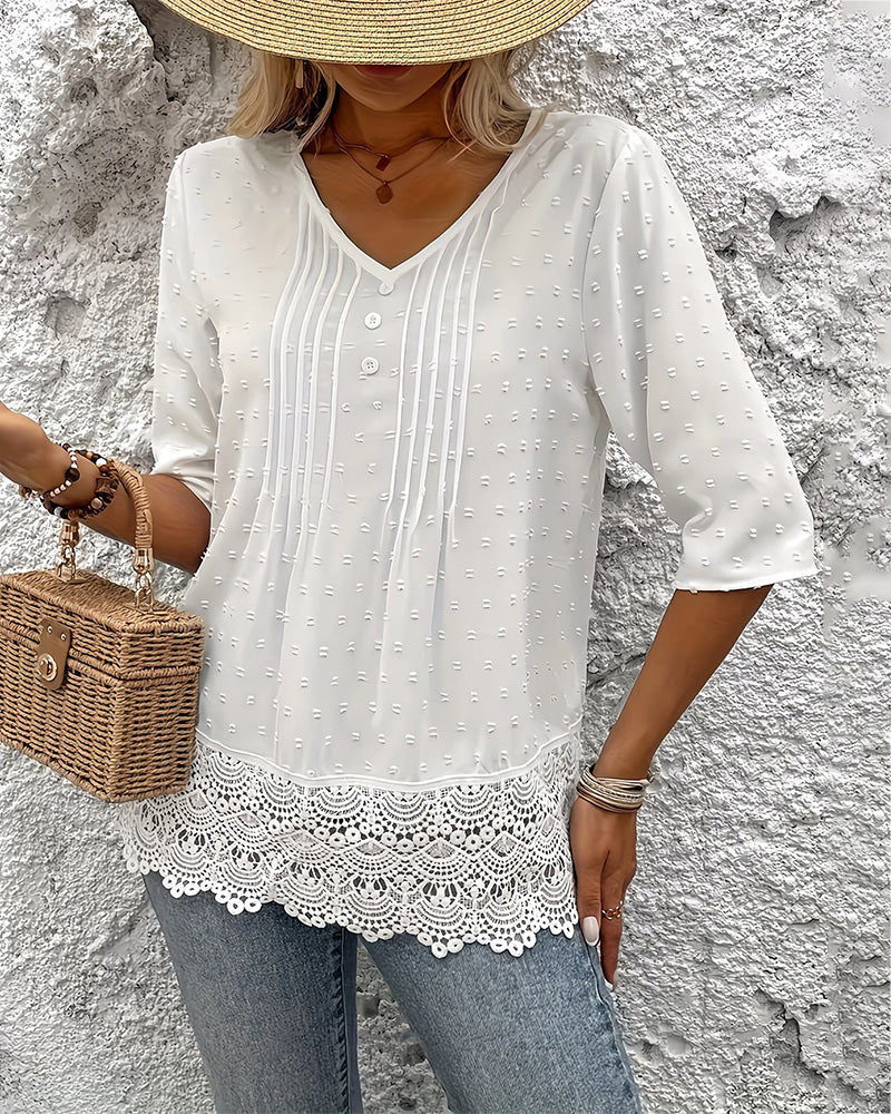 Camicetta Jacquard con pizzo Patchwork Scollo a V