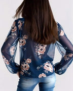 Blusa stampata di tendenza con scollo a V e maniche lunghe