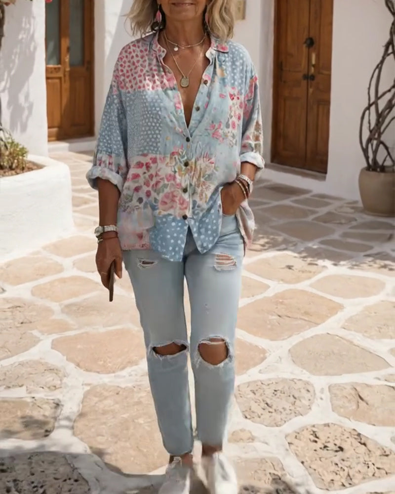 Camicia con stampa floreale e collo alto