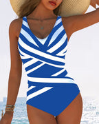 Costume da bagno intero casual a righe con scollo a V