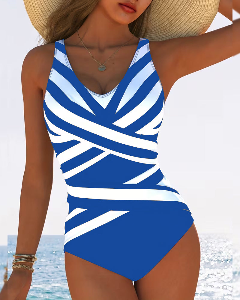 Costume da bagno intero casual a righe con scollo a V